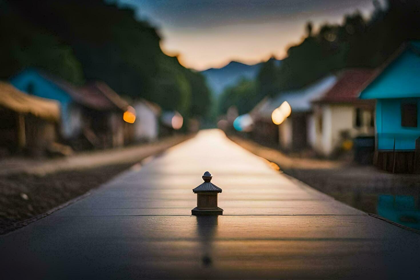 ein hölzern Haus sitzt auf ein lange Straße beim Sonnenuntergang. KI-generiert foto