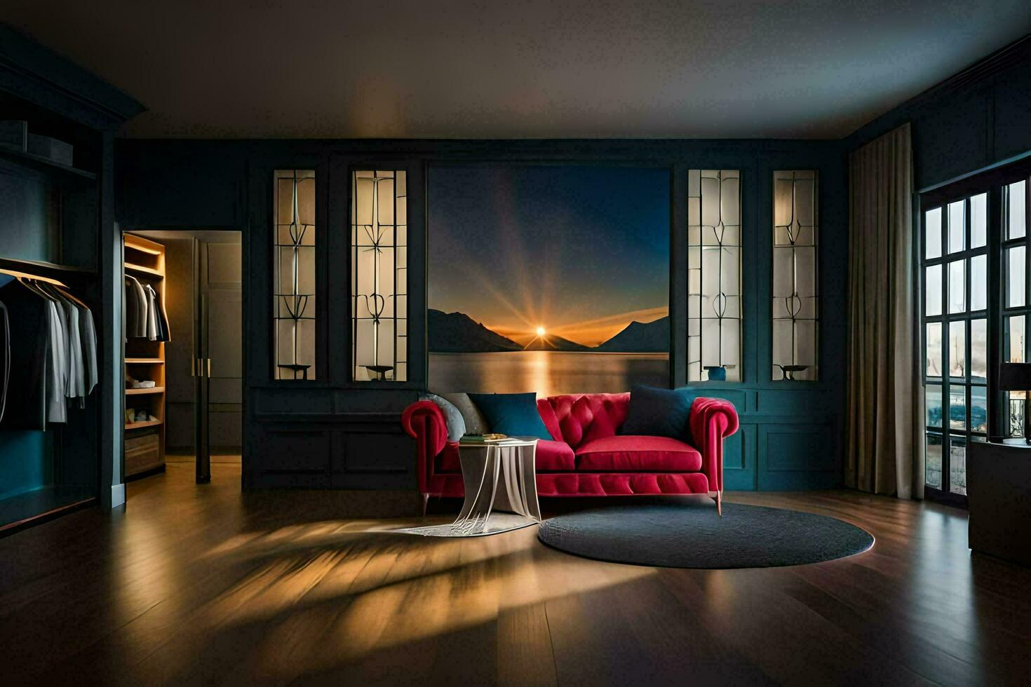 ein Schlafzimmer mit ein rot Couch und ein groß Fenster. KI-generiert foto