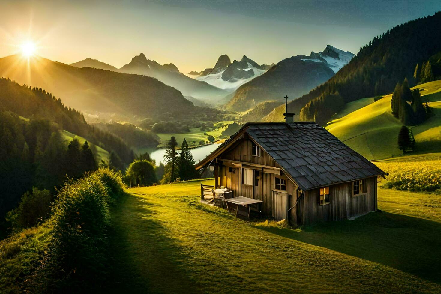 das Sonne steigt an Über ein klein Kabine im das Berge. KI-generiert foto