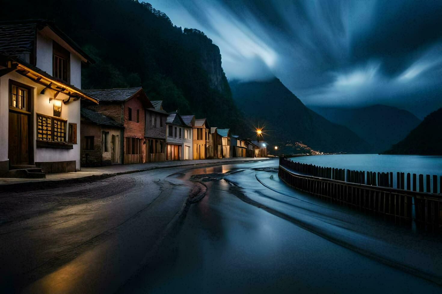 ein lange Exposition Foto von ein Stadt, Dorf beim Nacht. KI-generiert