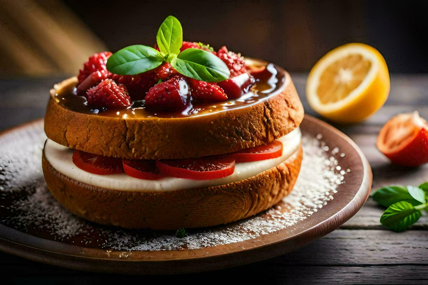 ein Erdbeere und Sahne Sandwich auf ein hölzern Tisch. KI-generiert foto