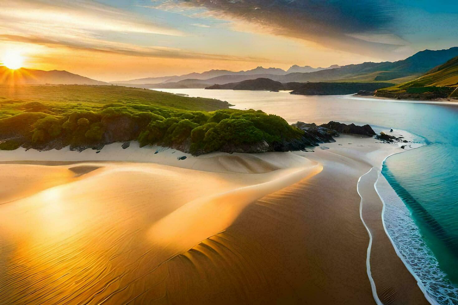 das Sonne setzt Über ein Strand und Berge. KI-generiert foto