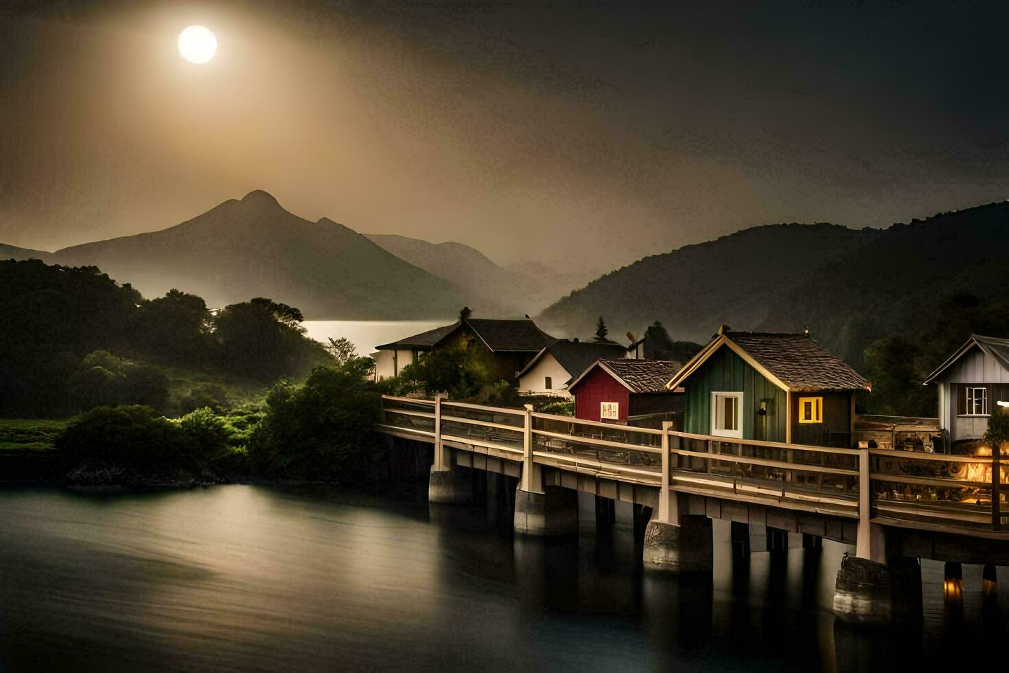 ein Brücke Über ein Fluss mit Häuser und ein Mond. KI-generiert foto