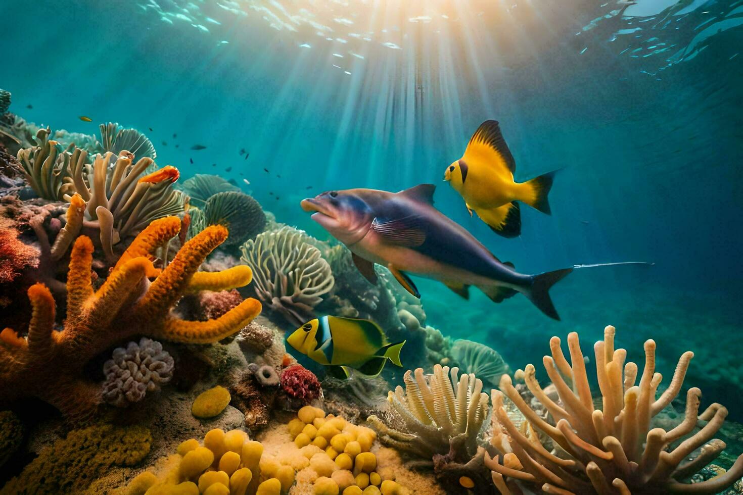 ein Fisch schwimmt Über ein Koralle Riff mit andere Fisch. KI-generiert foto