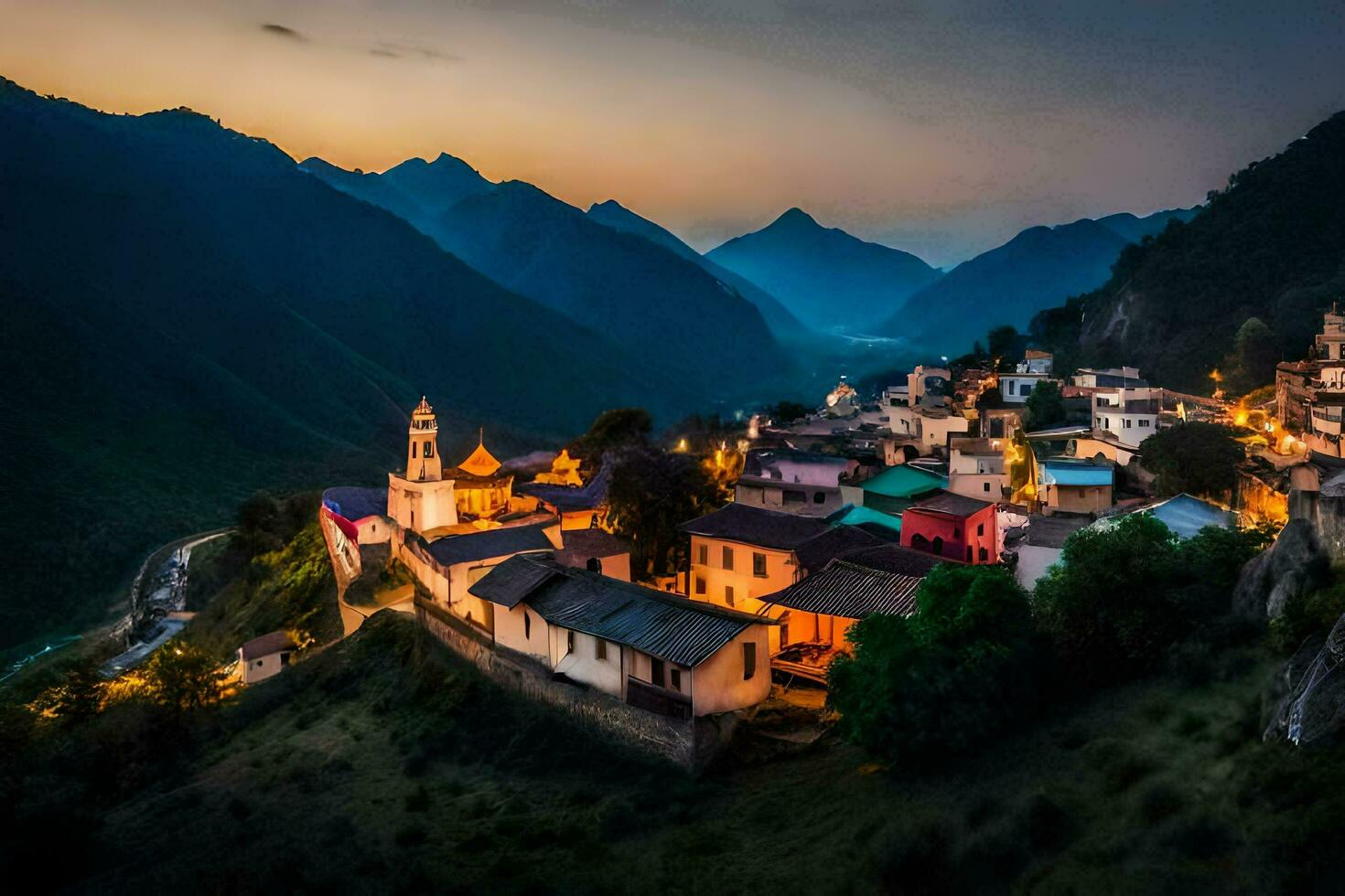 ein Dorf im das Berge beim Dämmerung. KI-generiert foto