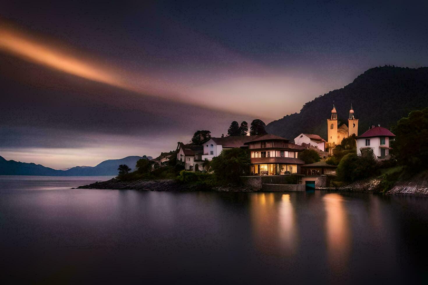 ein schön See und ein klein Stadt, Dorf beim Nacht. KI-generiert foto