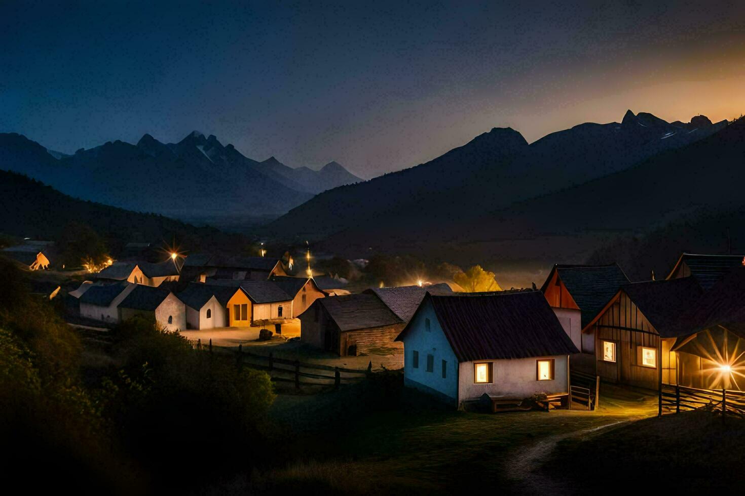 ein Dorf beim Nacht mit Berge im das Hintergrund. KI-generiert foto