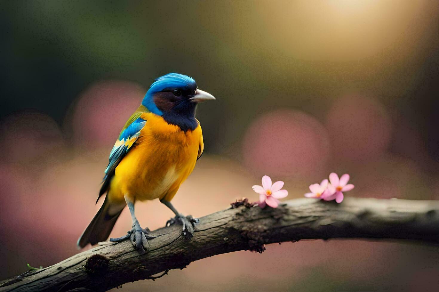 ein bunt Vogel sitzt auf ein Ast mit Rosa Blumen. KI-generiert foto