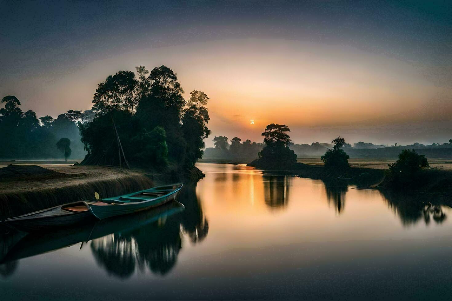 ein Boot sitzt auf das Fluss beim Sonnenaufgang. KI-generiert foto