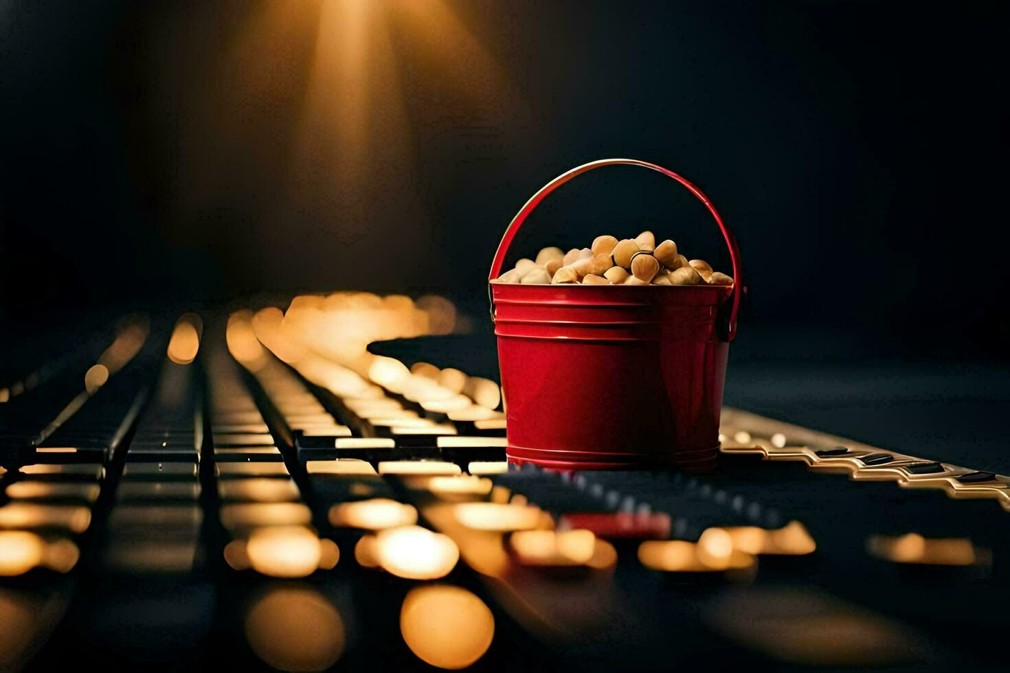 ein Eimer von Popcorn Sitzung auf ein Mischen Tafel. KI-generiert foto