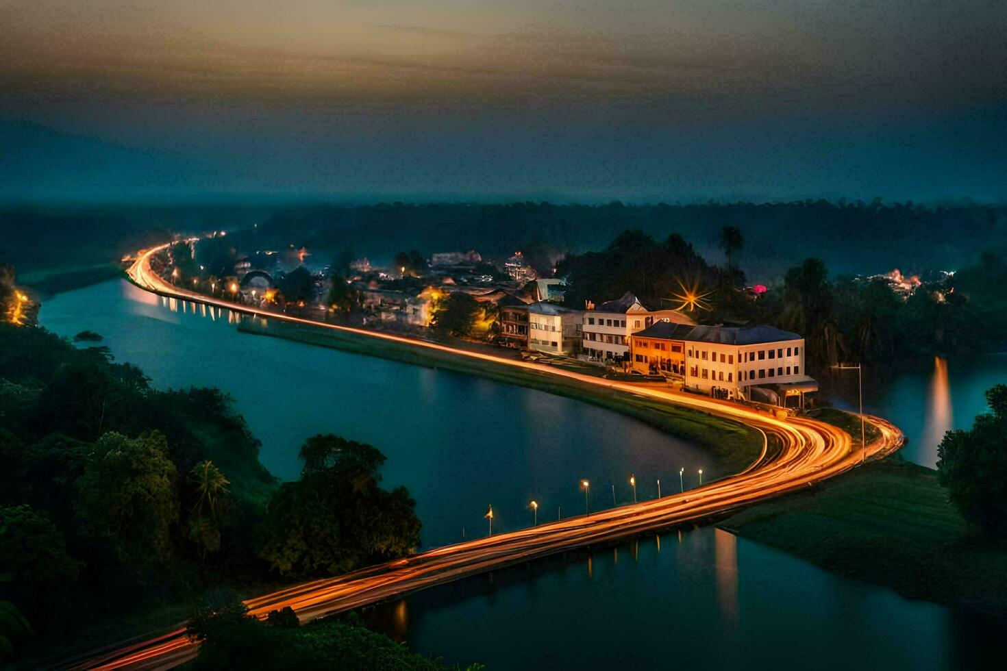 ein lange Exposition fotografieren von ein Fluss und Stadt, Dorf beim Nacht. KI-generiert foto