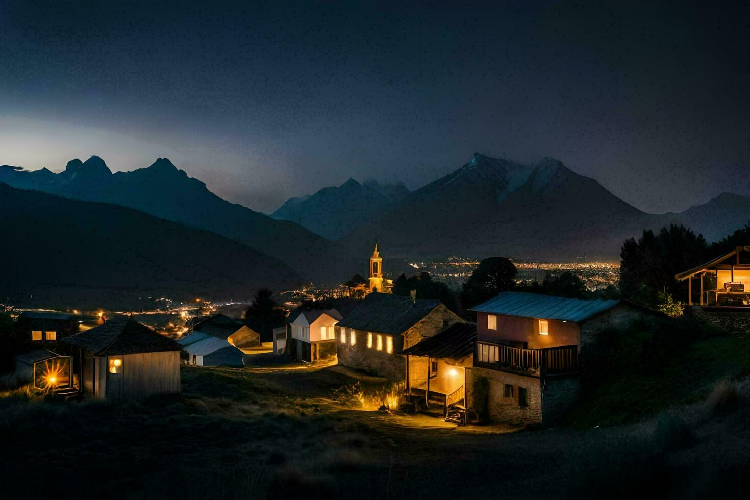 Foto Hintergrund das Himmel, Berge, Nacht, das Dorf, das Alpen, das Alpen. KI-generiert