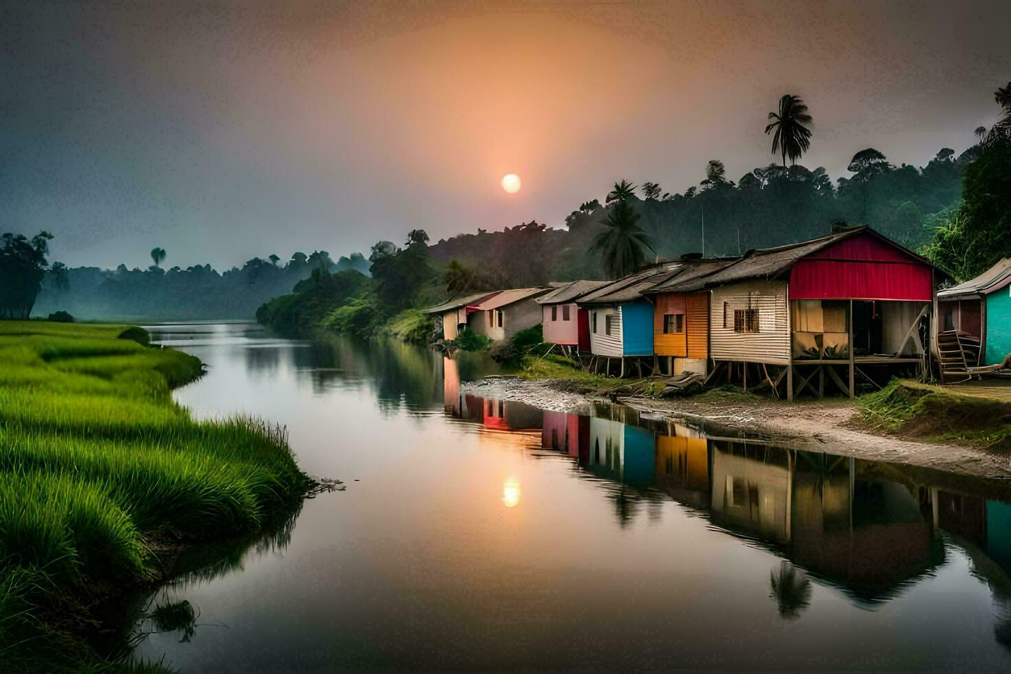 ein Fluss mit Häuser und ein Sonnenuntergang. KI-generiert foto