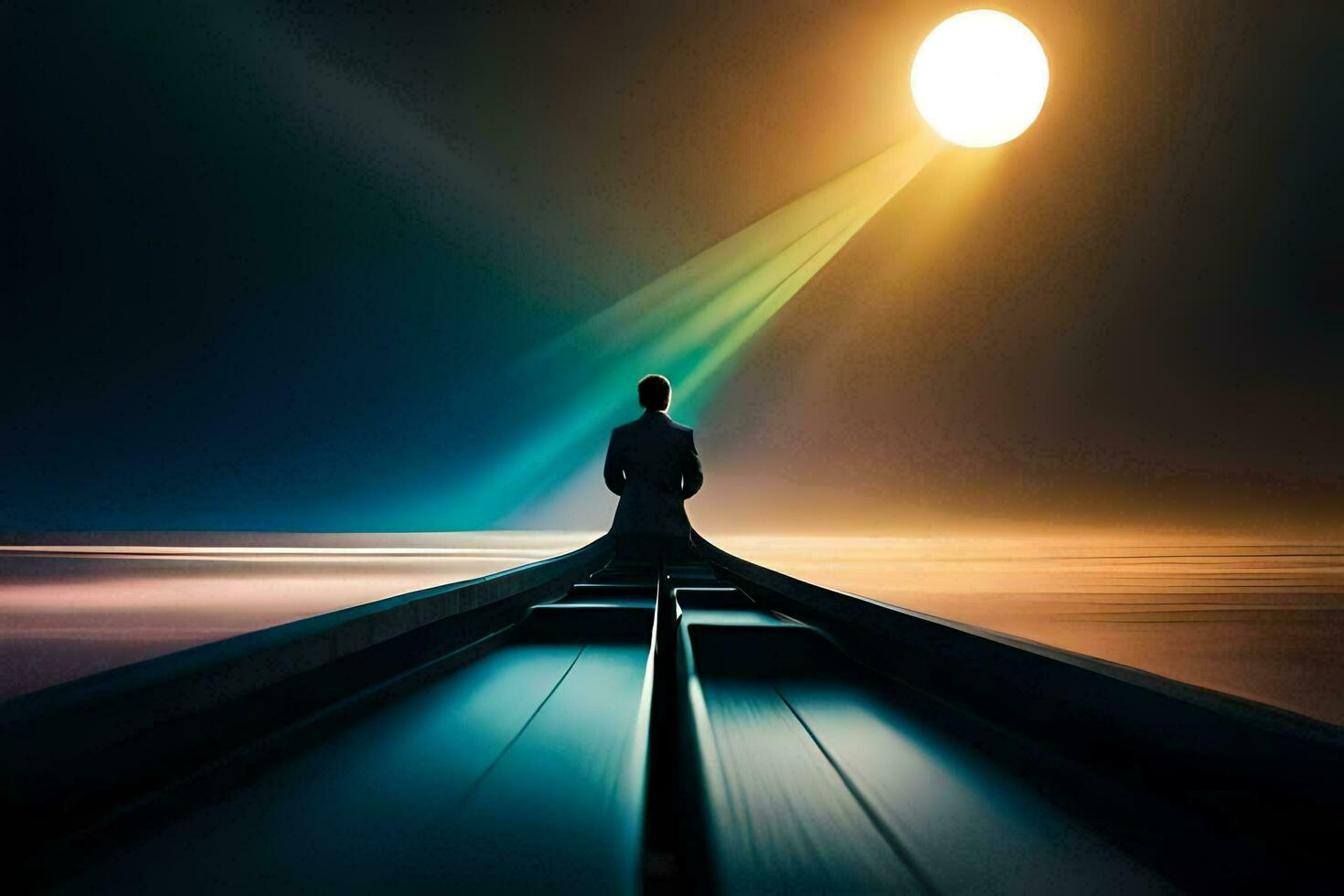 ein Mann Sitzung auf ein Boot im das Ozean mit das Sonne leuchtenden. KI-generiert foto
