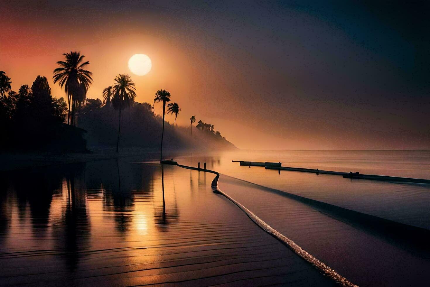 Sonnenuntergang auf das Strand, Palme Bäume, Wasser, Strand, Wasser, das Ozean, h. KI-generiert foto