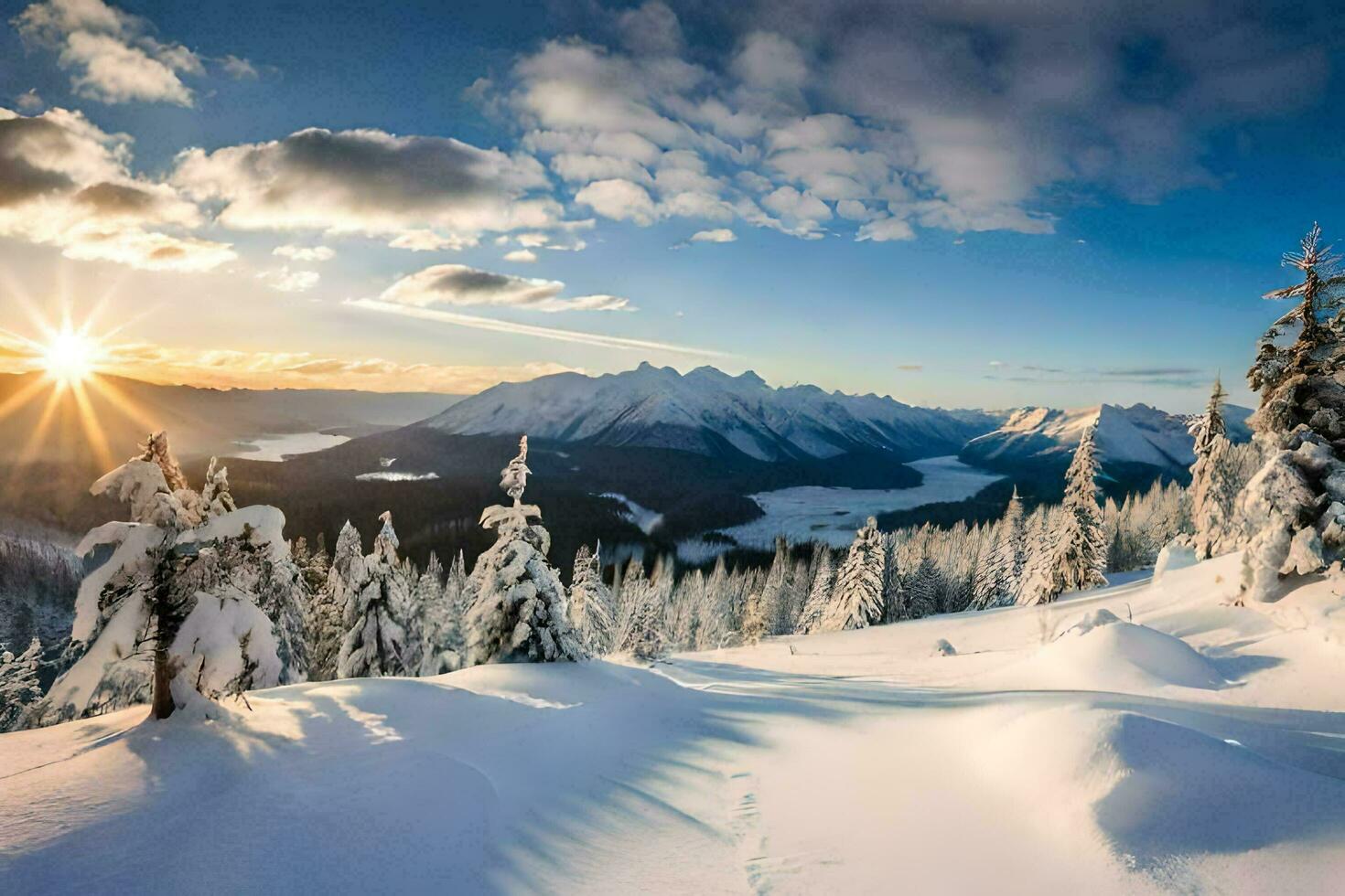 das Sonne steigt an Über ein schneebedeckt Berg Bereich. KI-generiert foto