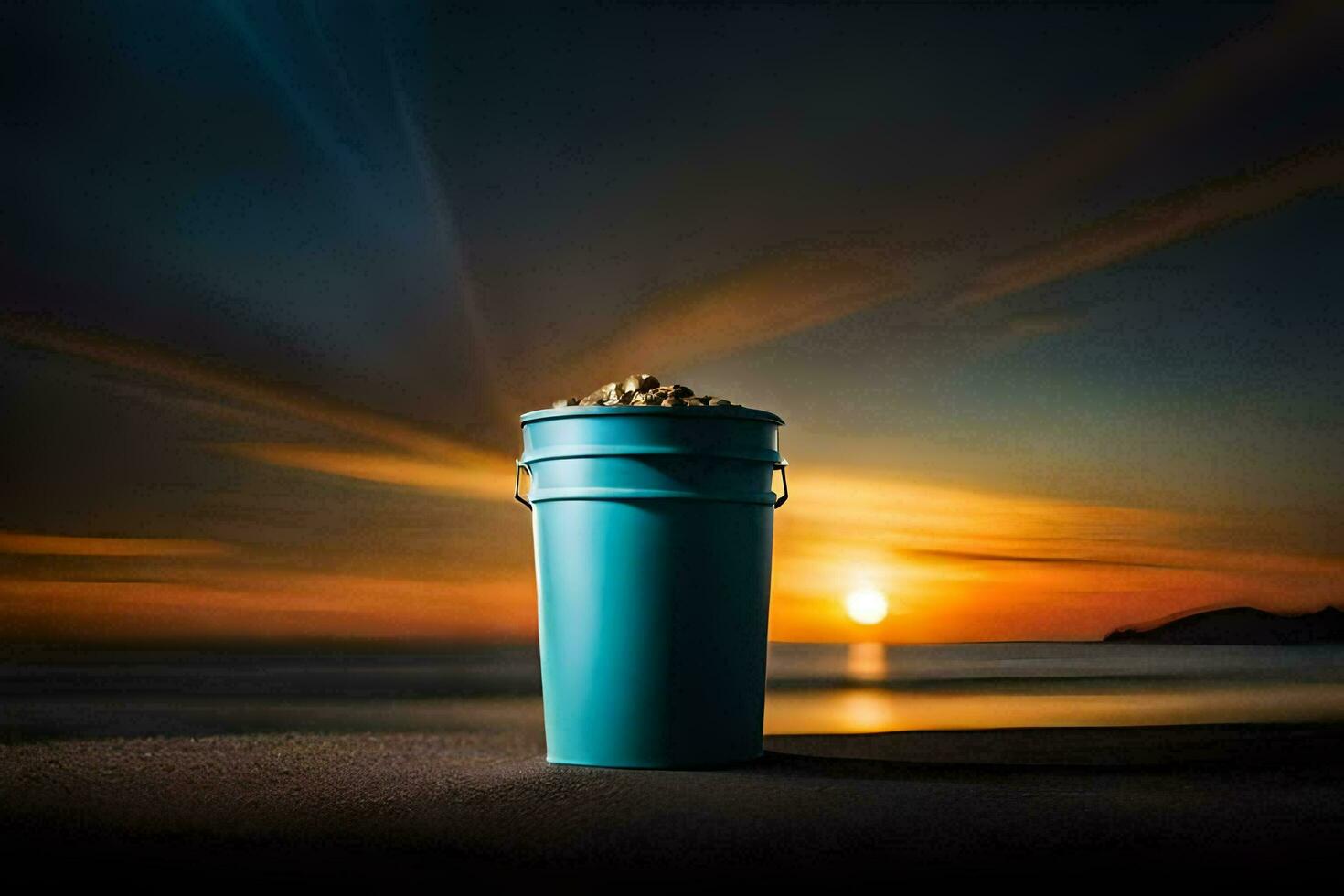 ein Eimer von Sand auf das Strand beim Sonnenuntergang. KI-generiert foto