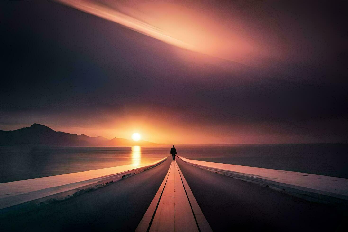 ein Mann steht auf ein Seebrücke suchen beim das Sonne. KI-generiert foto