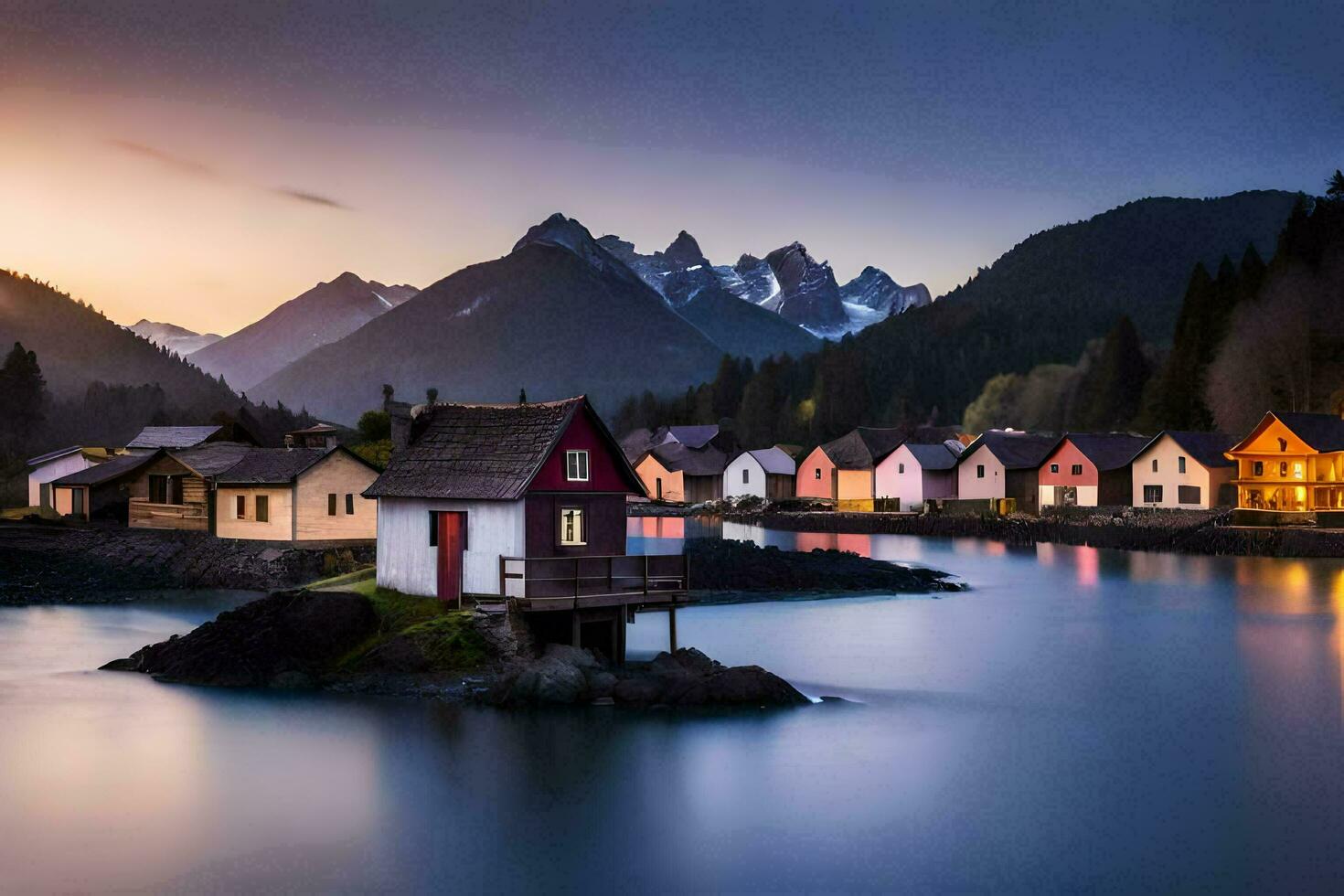 Foto Hintergrund das Himmel, Berge, Wasser, Häuser, das Meer, das Himmel, das Berge. KI-generiert