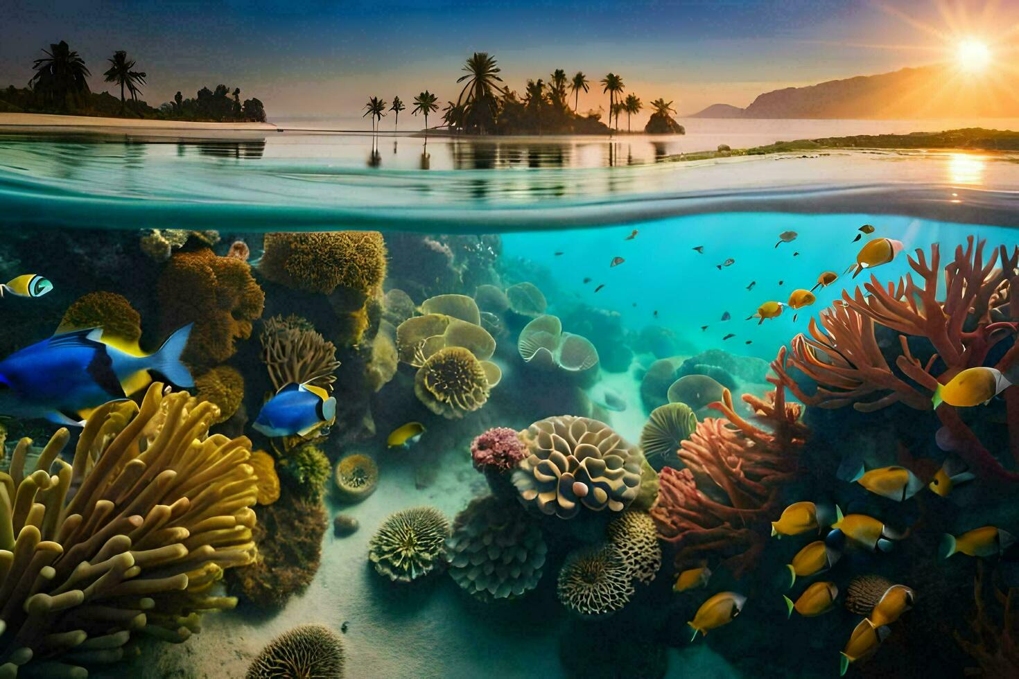 das Sonne setzt Über ein tropisch Riff und Koralle. KI-generiert foto
