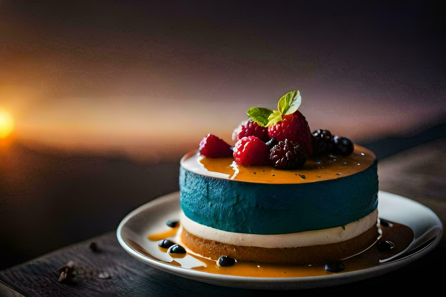 ein Kuchen mit Beeren und Sahne auf ein Platte. KI-generiert foto