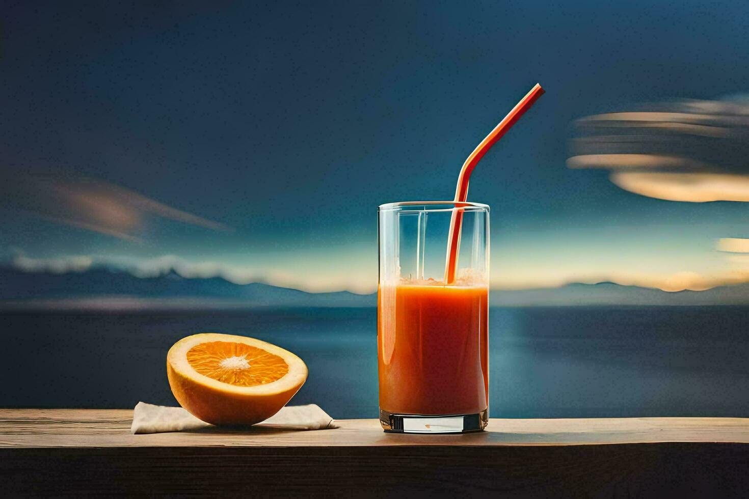 Glas von Orange Saft mit ein Stroh auf ein hölzern Tisch. KI-generiert foto