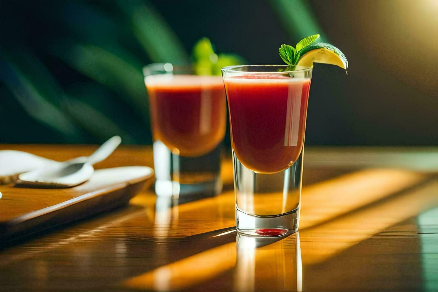 zwei Brille von rot Saft mit ein Limette auf das Tisch. KI-generiert foto