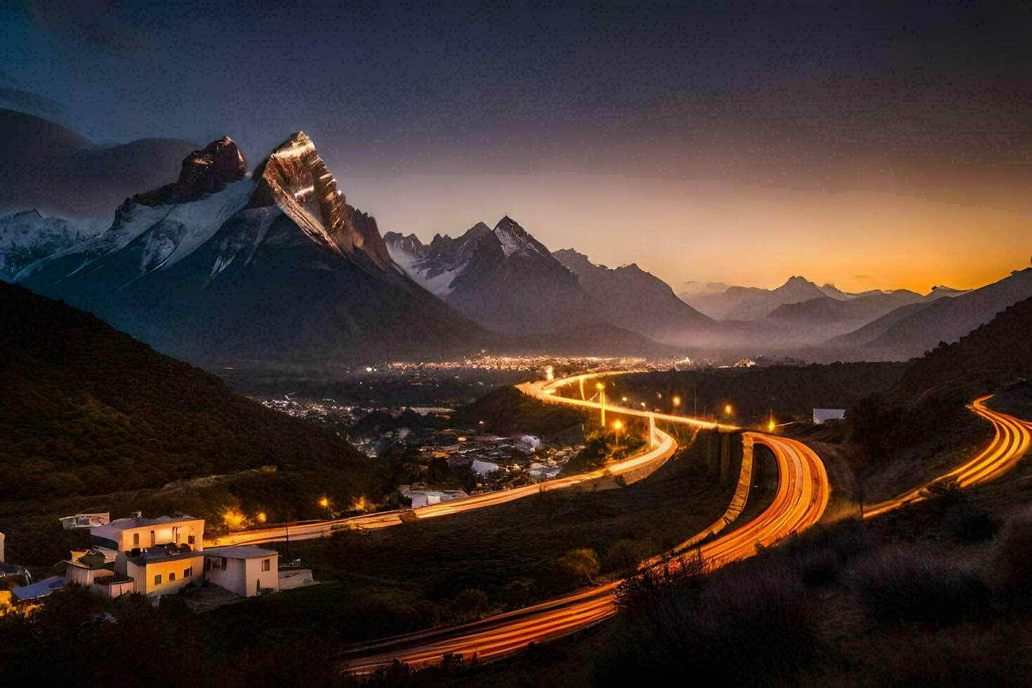 das Straße zu das Berge beim Dämmerung. KI-generiert foto