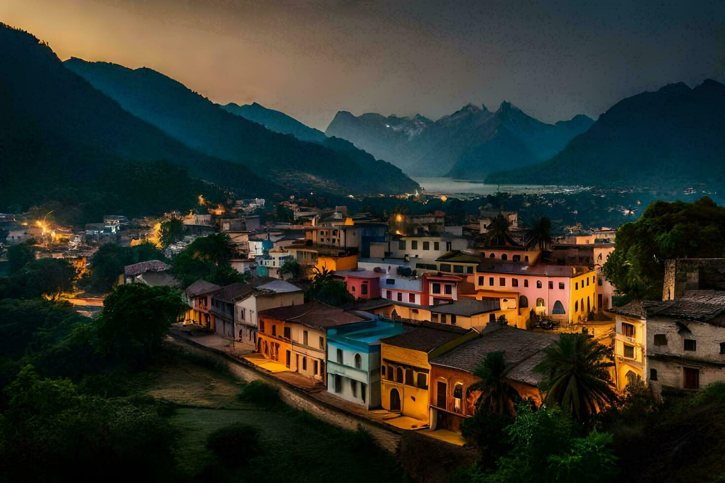 Foto Hintergrund das Himmel, Berge, Nacht, das Stadt, das Dorf, das Berge, Die. KI-generiert