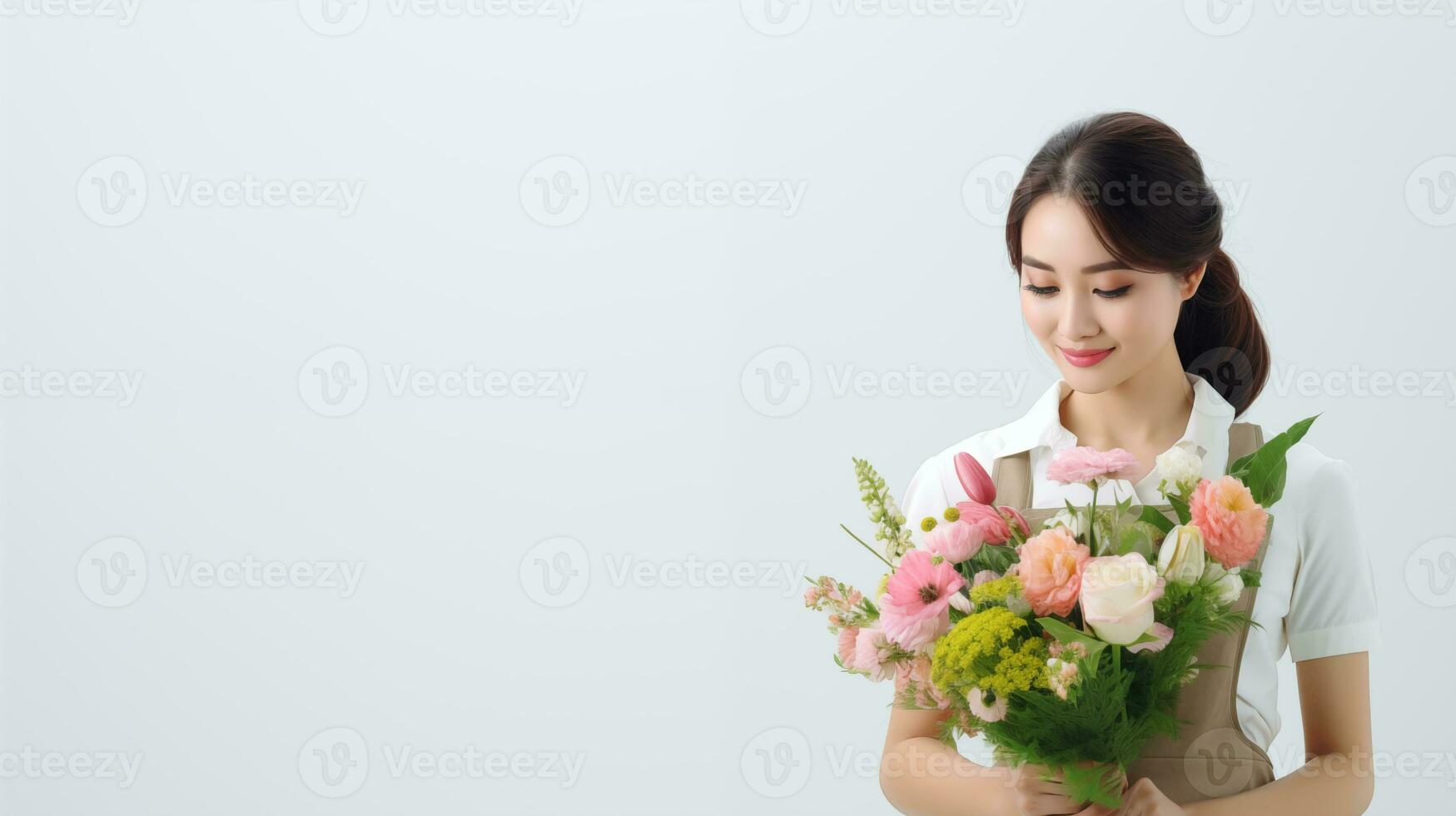 ein japanisch Florist sieht aus zu das links im ein Denken Pose ai generiert foto