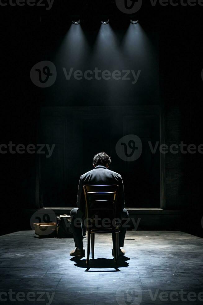 ein Mann Sitzung auf ein Stuhl im das dunkel ai generativ foto