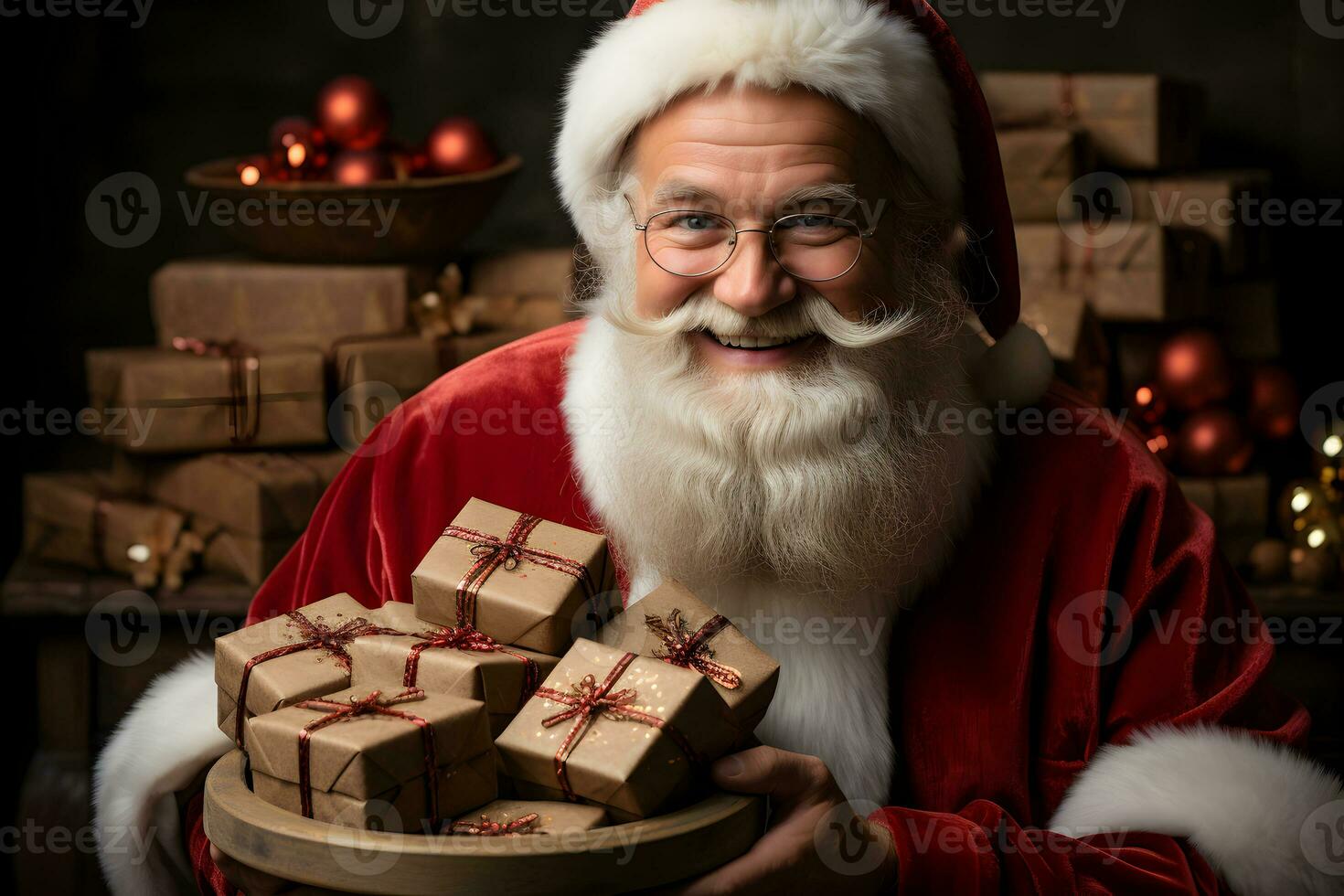 glücklich Santa claus mit Weihnachten Geschenk Kisten im das Hände auf dunkel Hintergrund. foto