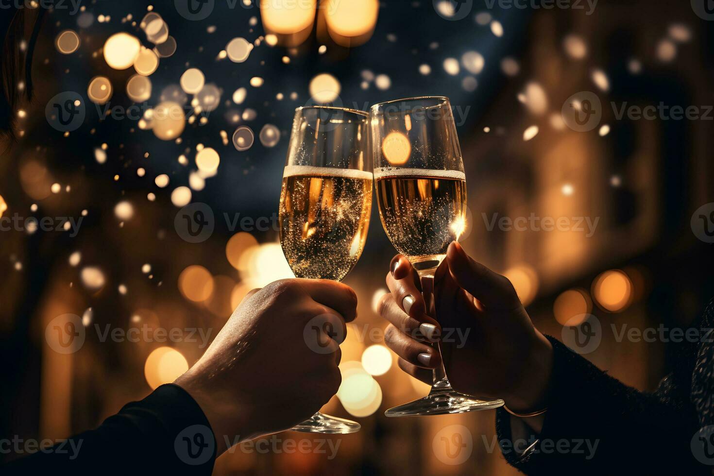 Hände von jung Paar halten Champagner Brille auf festlich Gold glühend Bokeh Hintergrund. Feier Hintergrund mit funkelnd Wein. foto