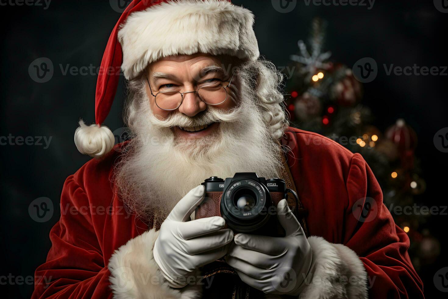 glücklich Santa claus mit Foto Kamera im das Hände auf dunkel festlich Weihnachten Hintergrund.