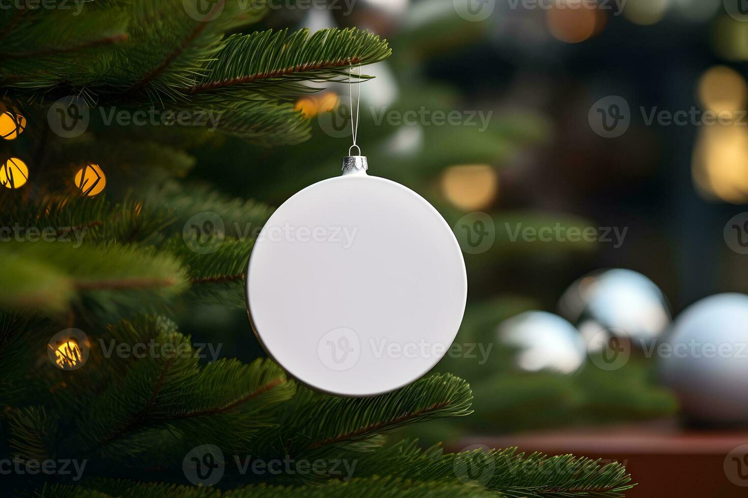 Weihnachten Weiß glänzend runden Flitter Ornament auf Weihnachten Baum mit Dekoration und verschwommen Bokeh Beleuchtung Hintergrund. foto