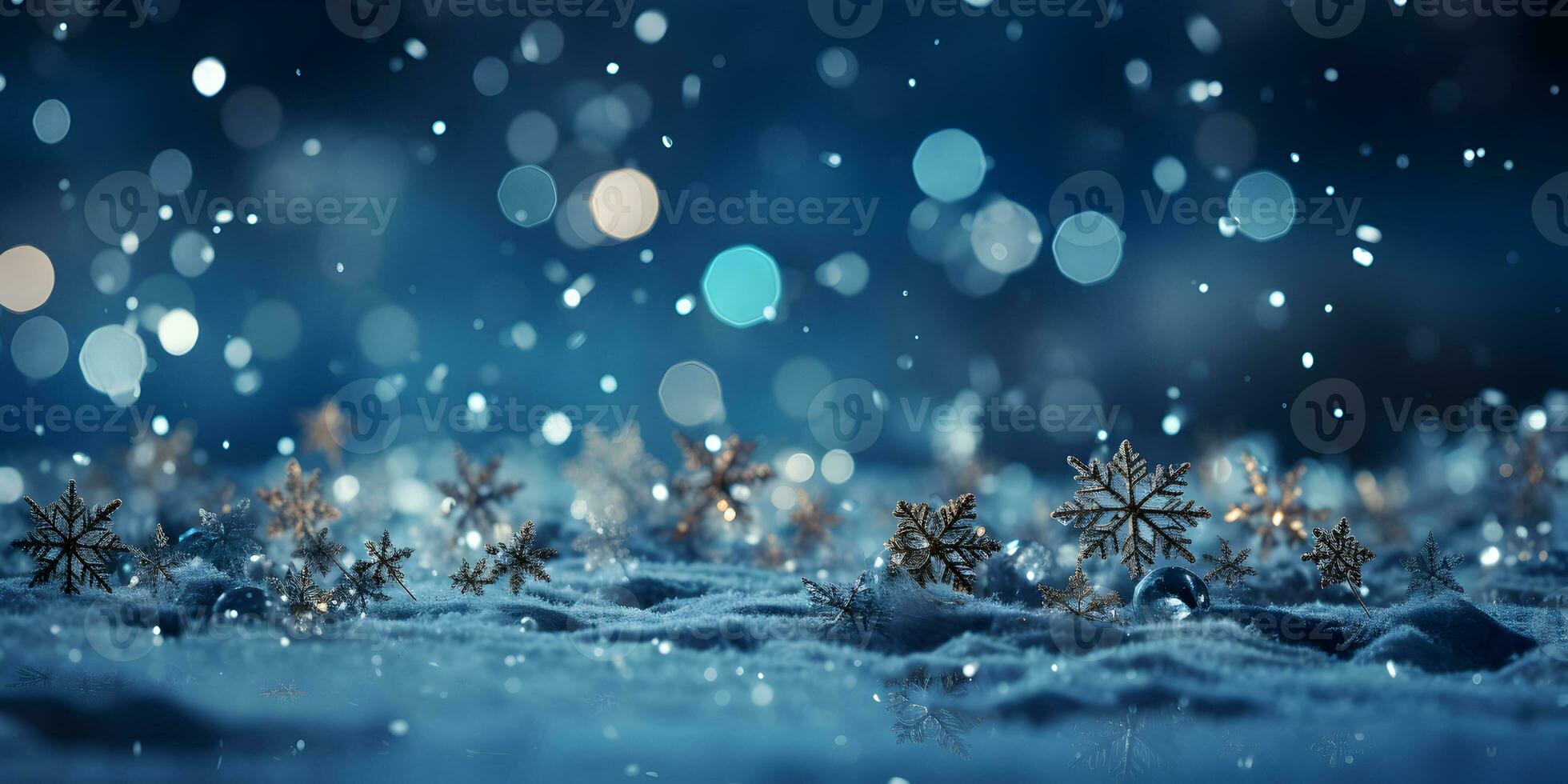 Winter dunkel Banner mit Schnee, Schneeflocken, schön Makro Schuss auf das Marine Blau Hintergrund. foto