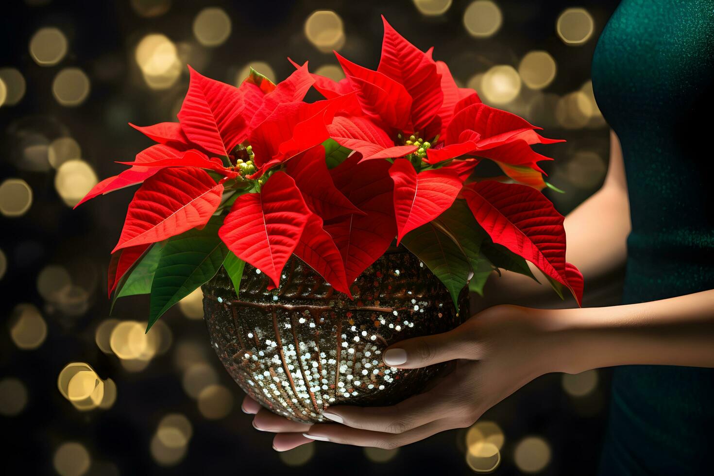 Weihnachten Weihnachtsstern Blumen Dekoration im das Hände von jung Frau auf funkelnd Hintergrund. festlich Banner Komposition. ai generiert foto