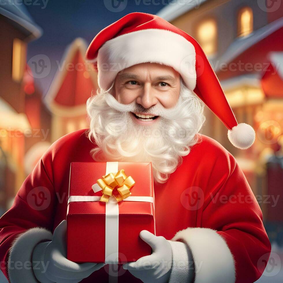 Santa claus mit ein Geschenk Geschenk Box mit Winter Schnee Dorf Hintergrund - - generiert Bild foto