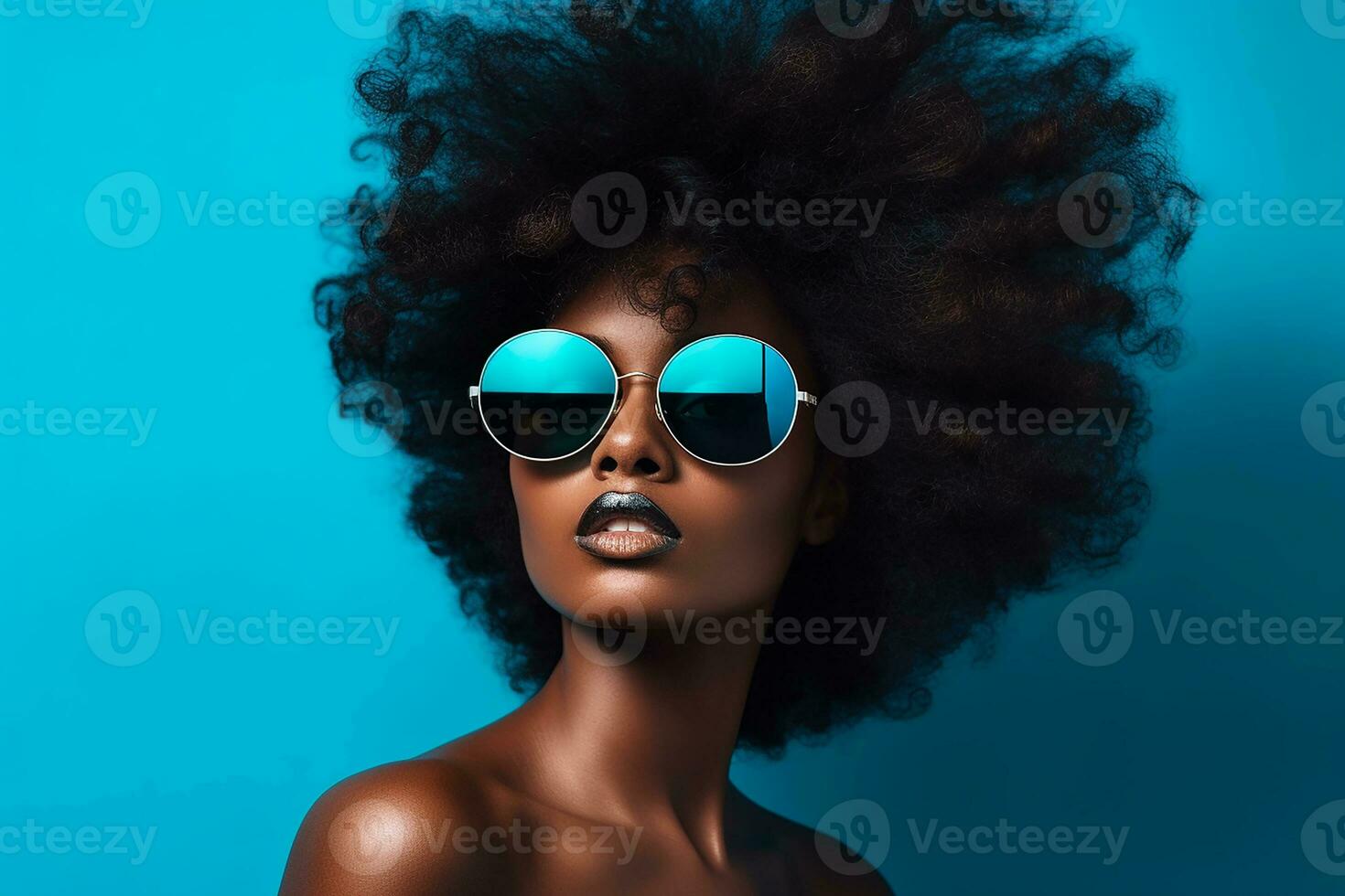 ai generiert Studio Porträt von ein schön schwarz Haut afrikanisch Frau im Sonnenbrille auf anders Farben Hintergrund foto