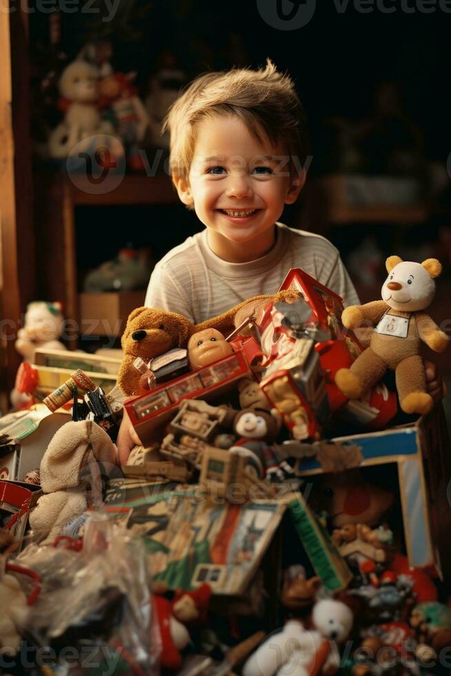 90er Jahre Kind ekstatisch auspackt Liebling Spielzeug inmitten beschwingt Weihnachten Morgen Chaos foto