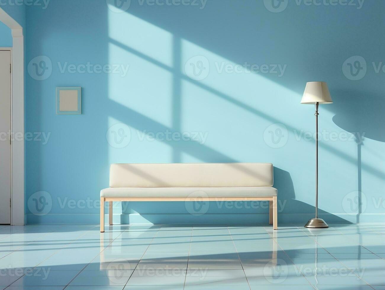 modern leeren Blau Zimmer mit ein Bank und Sonnenstrahlen scheinen ai generativ foto