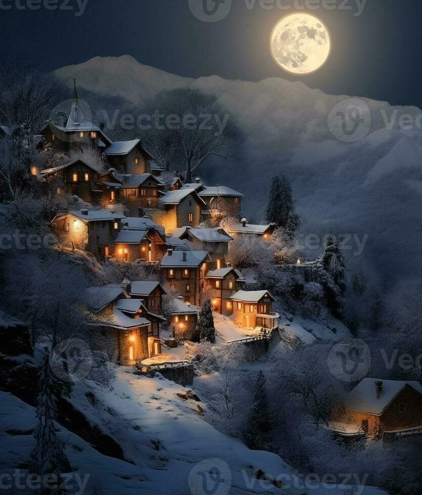 Häuser im das Berge beim Nacht mit voll Mond im Winter. ai generiert foto