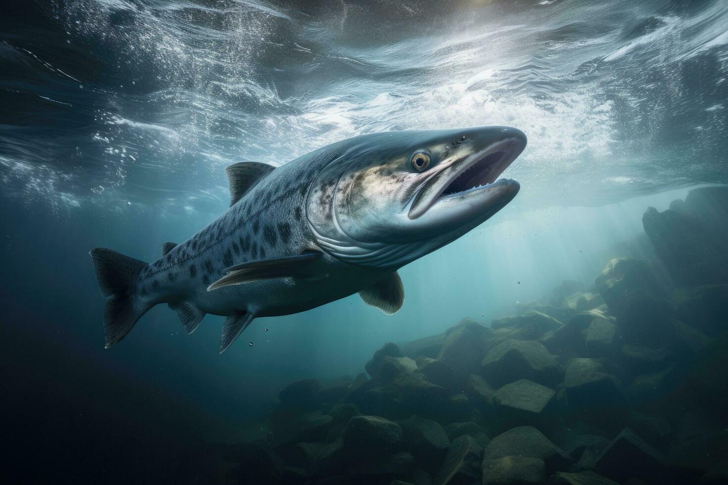 Hai Schwimmen im das Ozean. Wasser- Szene mit groß Fisch, Fachmann unter Wasser Schuss von ein Lachs suchen zum Essen, ai generiert foto