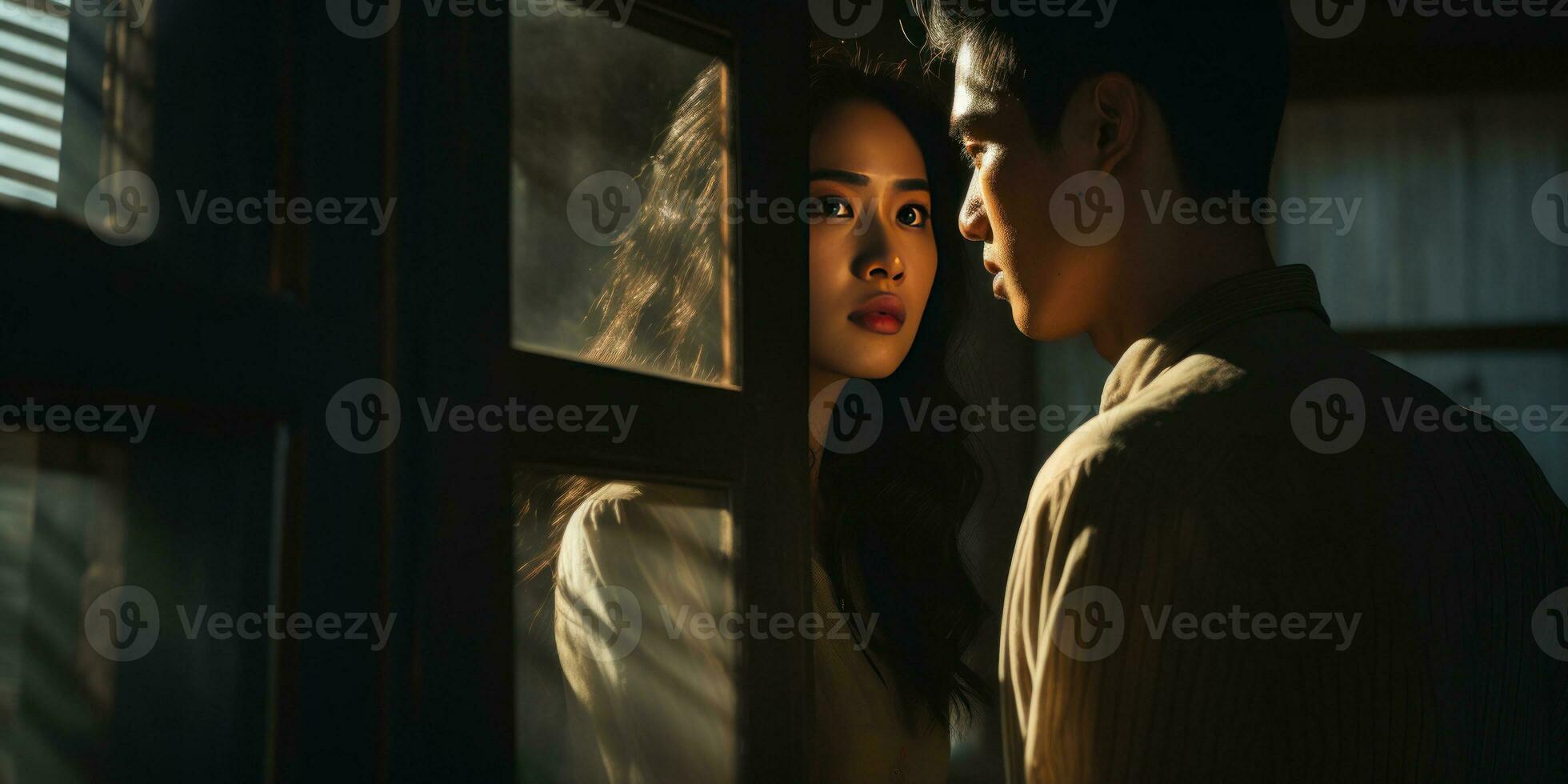 sonnendurchflutet Silhouetten von ein asiatisch Paar, Erfassen ein heiter Moment. ai generativ. foto