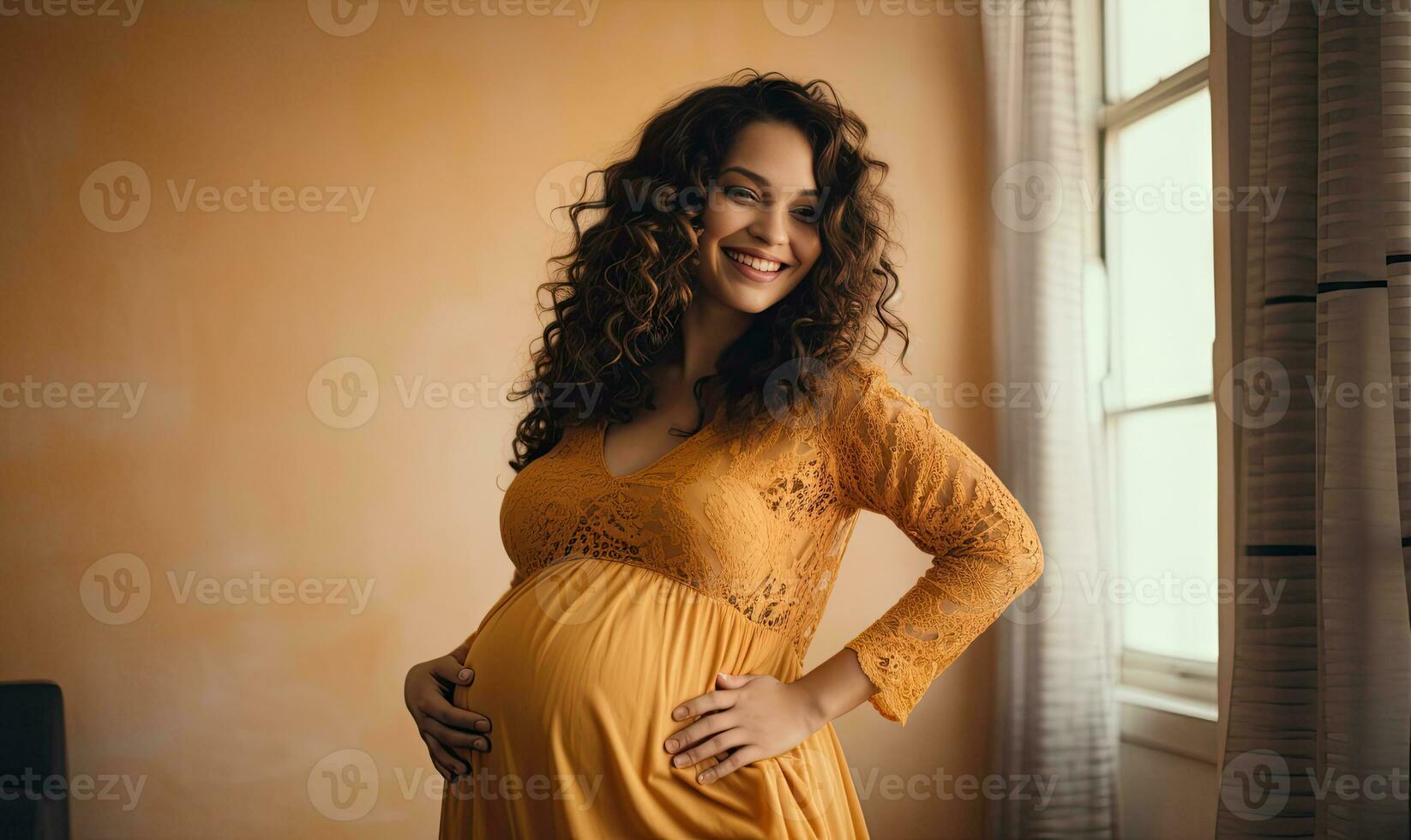 froh schwanger Latina mit ein liebend berühren auf ihr Abdomen. ai generativ. foto