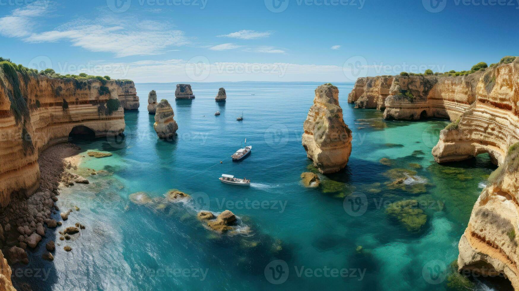 navigieren natürlich Wunder. Antenne Aussicht von Bogen Klippen und beschwingt Strand Leben. generativ ai foto