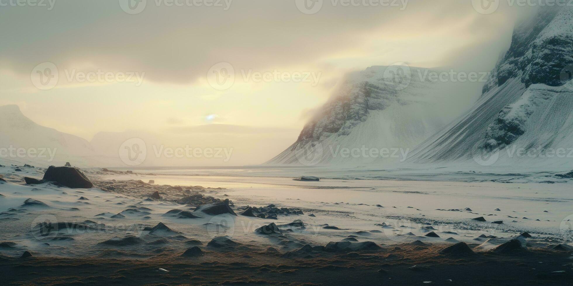 generativ ai, Winter ästhetisch Landschaft Panorama, stumm geschaltet neutral Farben, Wald und Berge. foto