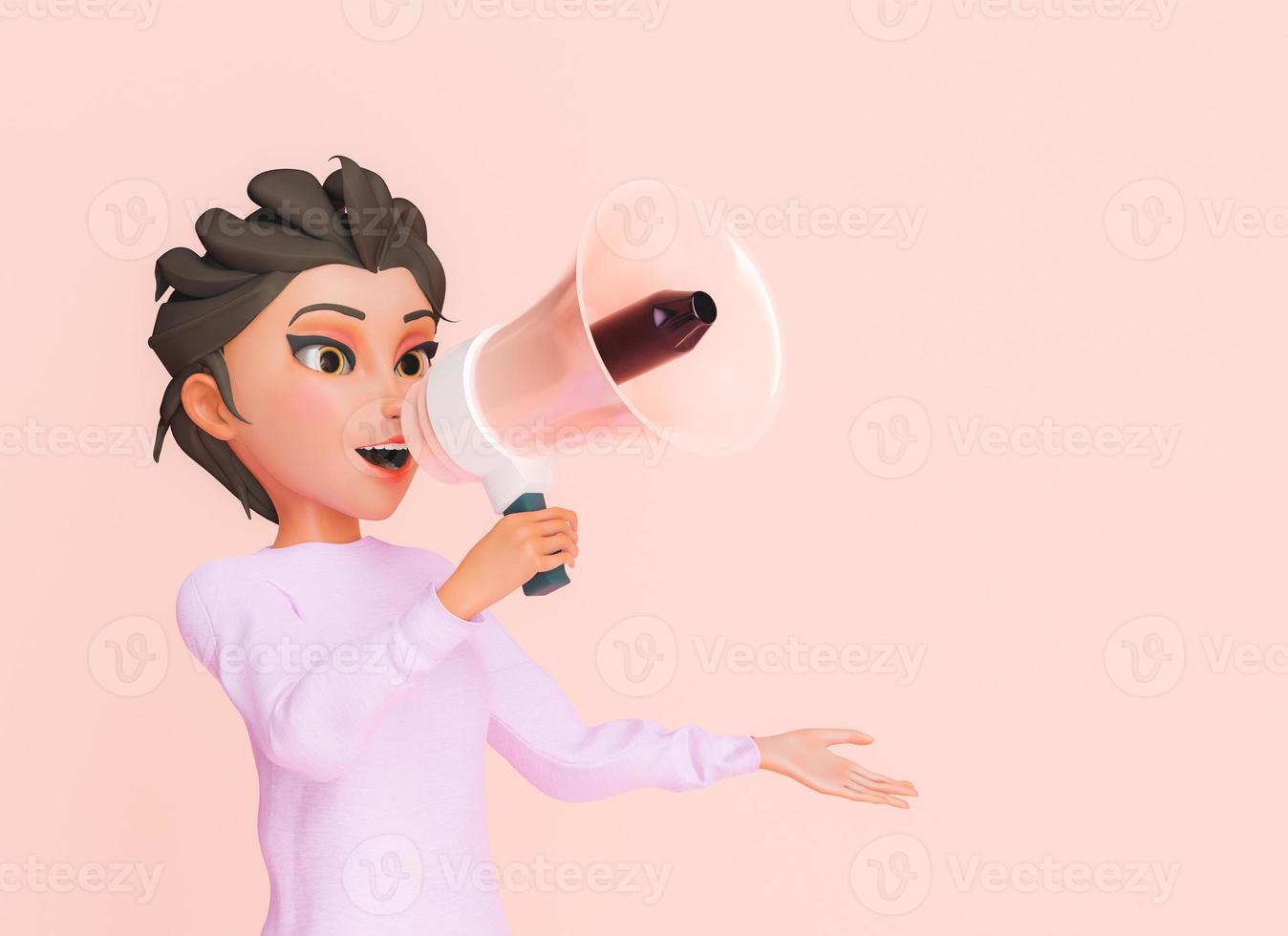 3D weiblicher Charakter, der durch ein Megaphon spricht foto