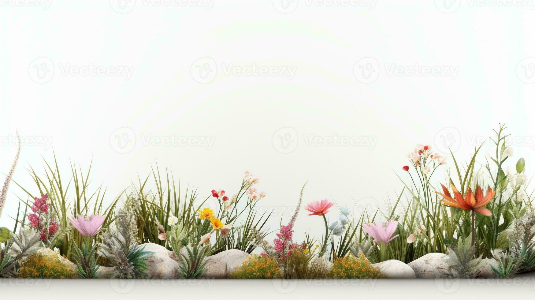 Frühling Gras und Blumen Grenze, Gruß Karte Dekoration Element. ai generativ foto