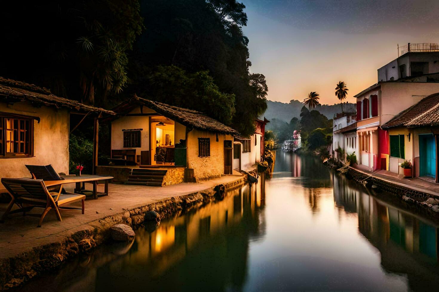 ein Kanal im das Mitte von ein Stadt, Dorf beim Sonnenuntergang. KI-generiert foto